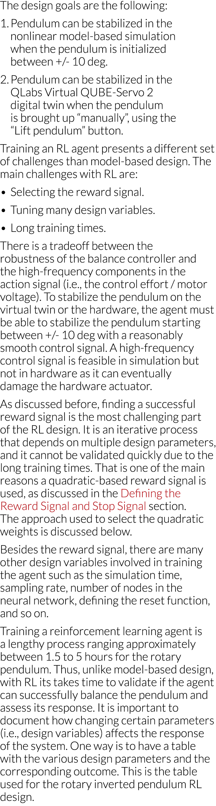 The design goals are the following: 1  Pendulum can be stabilized in the nonlinear model-based simulation when the pe   