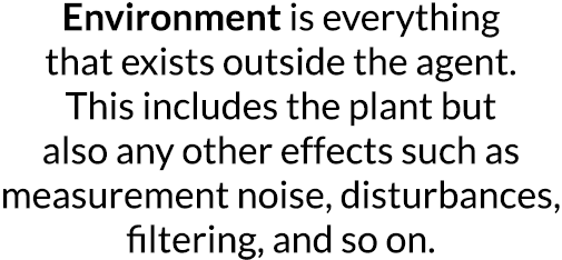 Environment is everything that exists outside the agent  This includes the plant but also any other effects such as m   